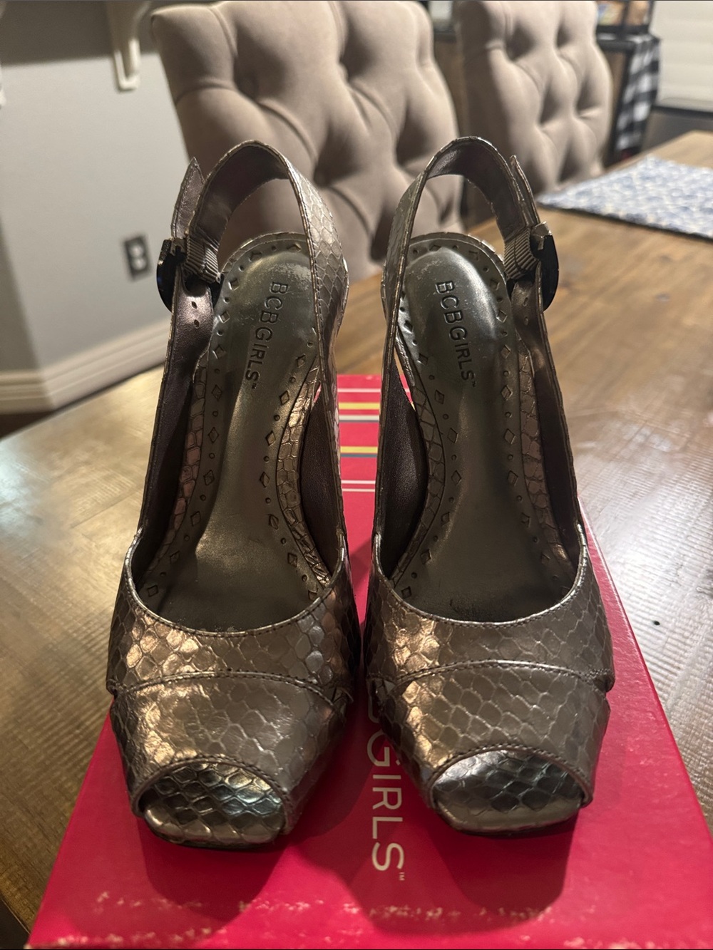 BCBGirls Metallic Silver Snake-Texture Peep-Toe Slingback Heels